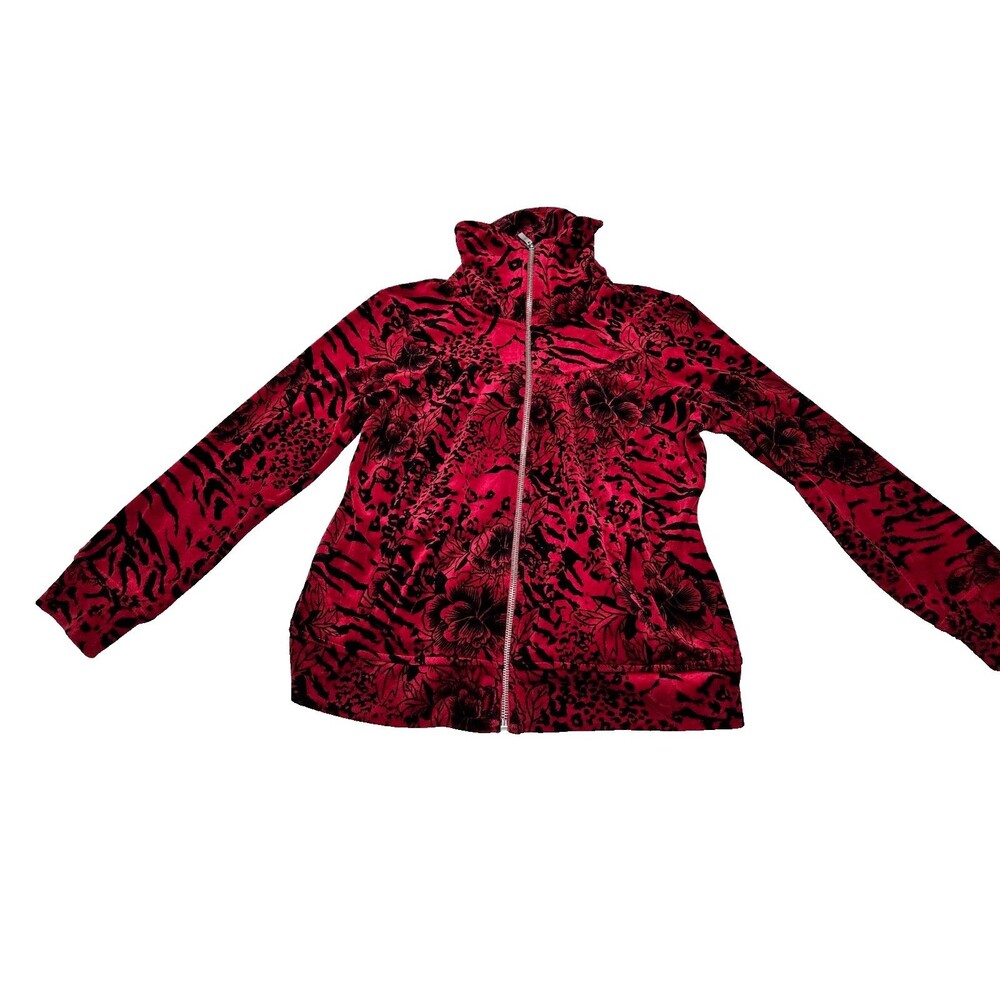 Style & Co. Sport Women's Red Floral Print Velour Look Zip Front Jacket Medium